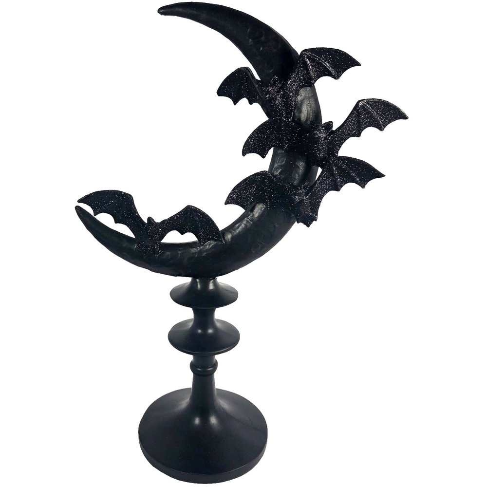 Spooky Night Bat Crescent Moon Figurine 17.5 Inch Black Glitter Halloween Decor